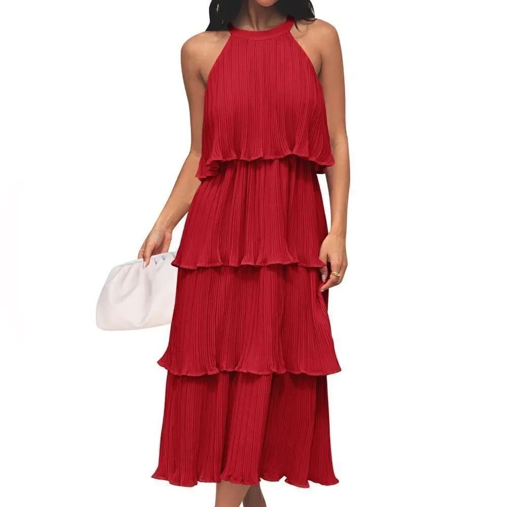ZESICA SLEEVELESS HALTER TIE NECK RUFFLE TIERED MIDI DRESS IN PINK NWT SZ LARGE
